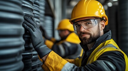 A man in a yellow safety vest and a hard hat is leaning against a wall