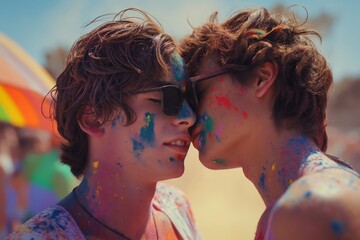 Two people with colorful paint on their faces share a moment of togetherness at a vibrant festival, showcasing love and connection.