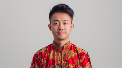 Young Asian man in a traditional, ornate red garment stands against a plain background, exuding elegance and cultural pride.