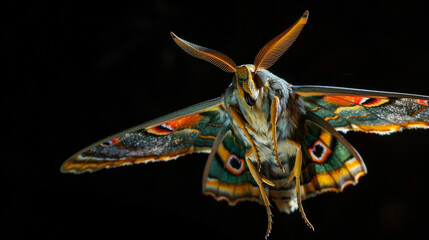 Vibrant moth with intricate wing patterns and feathery antennae, captured against a dark, contrasting background.