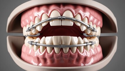 Model of a human mouth with teeth and gums for the upper and lower jaw with braces for both jaws.