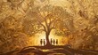 © Business Pics - Paper-cut tree and human figures against textured gold representing family and history.