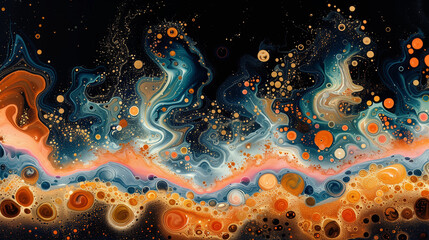 Abstract painting with swirls of blue, orange, and gold, resembling a cosmic or underwater scene. The fluid, swirling patterns create a sense of motion and depth against a dark background.