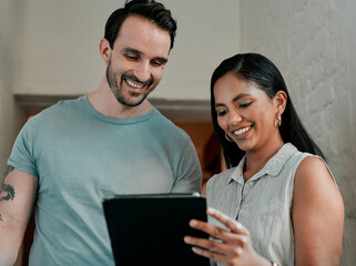 Poster - Woman, man and tablet for architecture with smile in office, reading and review on app for design. People, teamwork and check with inspection, blueprint or excited for progress with property project
