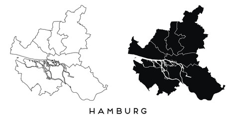 Poster - Hamburg map of regions districts vector black on white and outline