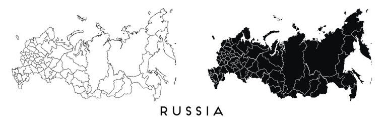 Wall Mural - Russia map of regions districts vector black on white and outline