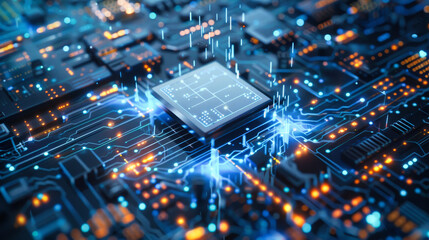 Poster - Close up of an advanced microchip with data flowing through it