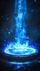 Poster - Digital artwork featuring a futuristic, blue circular platform emanating particles