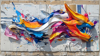 Wall Mural - A vibrant and dynamic abstract dragon mural featuring intense colors such as orange, blue, pink, and yellow on a textured gray background.