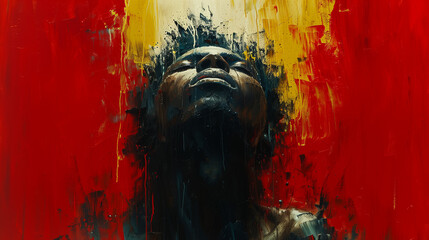 Wall Mural - Abstract portrait of a Black man looking upwards with a vivid, colorful background in shades of red and yellow, exuding a powerful and intense mood.