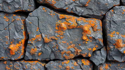 Close-up of weathered gray rock formation with bright orange lichen patches, showcasing natural textures and vibrant contrasts.