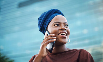 Aufkleber - Talking, business woman and phone call in city for conversation, legal consulting or commute. Contact, African and female lawyer with mobile for discussion, negotiation or confirm meeting in morning