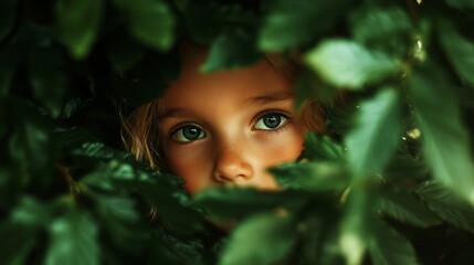 A young girl with green eyes is peeking out from behind some leaves