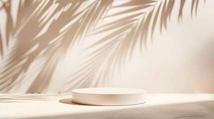 Wall Mural - a round light podium for product presentation against the background of a beige wall with a beautifu