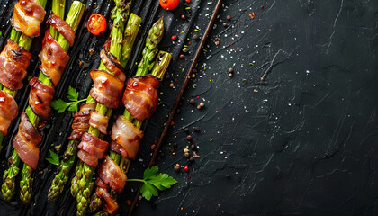 Wall Mural - Grilled violet asparagus wrapped with bacon. Top view