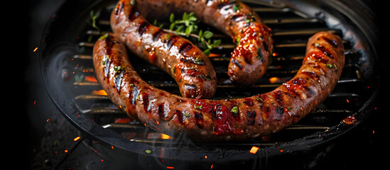 Wall Mural - Top view of a Sucuk beef sausage sizzling on a grill, set against a black background with ample copy space for an image.