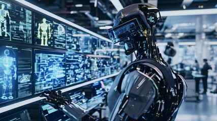 Poster - A humanoid robot interacts with digital screens showcasing cutting-edge technology and data analysis techniques at a tech conference