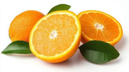 Poster - orange with cut in half and green leave isolated on white background