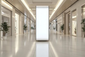 Wall Mural - sleek retail display mockup minimalist rollup banner stand in modern shopping center clean lines neutral tones spacious environment subtle lighting