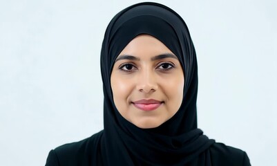 Wall Mural - Portrait of a beautiful young muslim woman in black hijab on white background