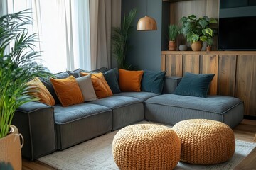 Sticker - tranquil modern living room with oversized grey sectional sofa warm wood accents and lush indoor plants creating a harmonious and inviting atmosphere