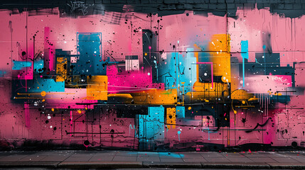 Wall Mural - Abstract urban street art mural featuring bold geometric shapes in pink, yellow, and blue tones on a city wall.