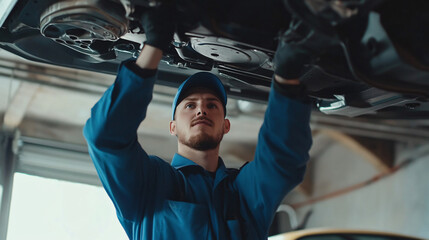 Car mechanic worker wearing a blue uniform and a cap, standing under the car in a modern garage room, and repairing or fixing automobile vehicle parts. Technician service and maintenance occupation