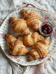 Wall Mural - Croissants with a small jar of jam on a floral plate.