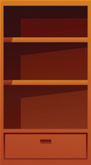 Poster - empty wooden bookcase with shelves and drawer standing isolated on white background
