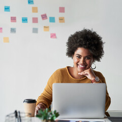 Poster - Portrait, laptop and smile of businesswoman in office, planning and search for startup in creative agency. Workplace, black person or web developer with digital for layout design, solution and career