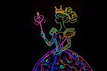 Wall Mural - Vibrant neon silhouette of a sugar plum princess isotated on black background.