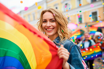 A smiling young woman celebrates LGBTQ pride with a rainbow flag in her hands and confetti in the air, amidst more people.