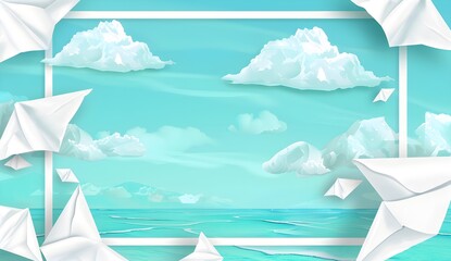 Wall Mural - White Paper Airplanes Flying Over Turquoise Ocean and Clouds