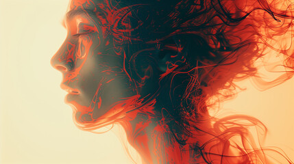 Wall Mural - A side profile of a woman with abstract flowing hair, blending vibrant red and dark hues on a light background.