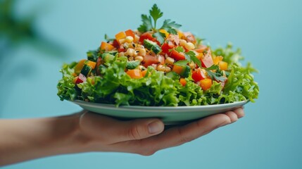 Poster - Close up of a hand holding a plate with fresh salad.