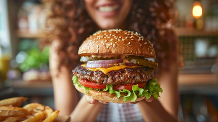 Wall Mural - Delicious homemade hamburger with fresh ingredients enjoyed at a cozy cafe