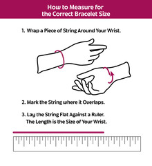 instructional guide on measuring wrist size for bracelets using a piece of string and a ruler.