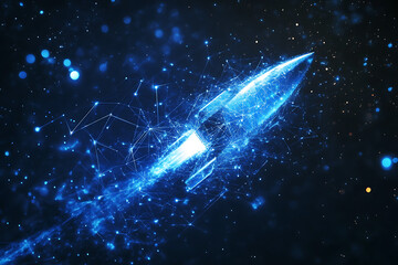 An abstract digital background banner featuring a rocket, highlighted by connecting data points in blue and black colors. The design showcases a futuristic and technological theme