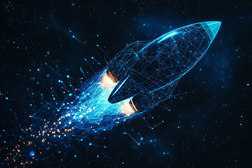 An abstract digital background banner featuring a rocket, highlighted by connecting data points in blue and black colors. The design showcases a futuristic and technological theme