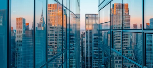 Wall Mural - close up of the glass windows on modern skyscrapers, reflecting other buildings and sky in shades of blue.