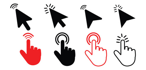 Poster - Computer mouse click cursor arrow icons set. Clicking cursor icon. Hand cursors icons click set. Pointer click icon set.