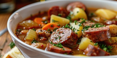 Sticker - Close up view of vegetable and German sausage stew or soup in a white bowl