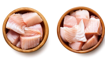 slice fish meat in wooden bowl isolated on white background