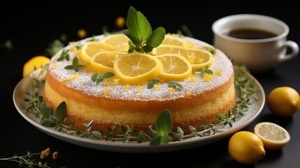 Wall Mural - Close view of a fresh lemon polenta cake, showing delicious textures, front view from above, studio lighting, white background.