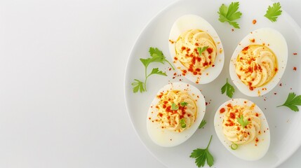 Deviled eggs with paprika and parsley on a white plate on a white background. Minimalistic flat lay style with space for text. Ideal for banners, marketing materials, backgrounds, and food-related des