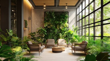 eco-friendly green building interior with lush plants, sustainable furniture, and natural light for 