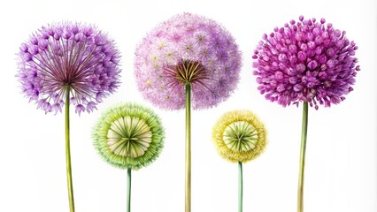 Wall Mural - Five Blooming Allium Flowers in Watercolor, Purple, Pink, Green, Yellow, Allium, flower