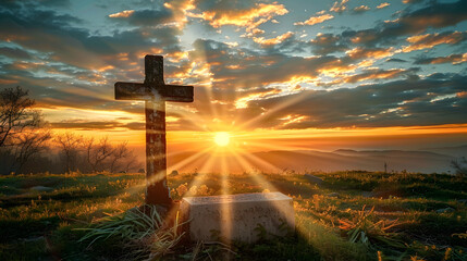 Canvas Print - A cross and an empty grave in the rays of the rising sun , rising, rays