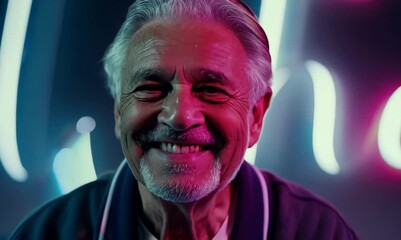 Wall Mural - Conceptual portrait video of a grinning man in his 80s wearing a comfortable tracksuit against neon lights background