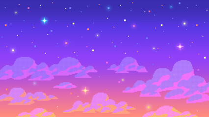 starry sky at sunset background in pixel art style. space, galaxy, cosmos, universe fantasy view bac